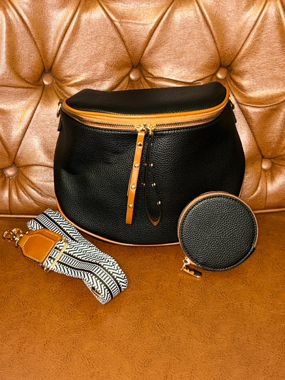 Beautiful Black/Tan Crossbody With Coin Pouch